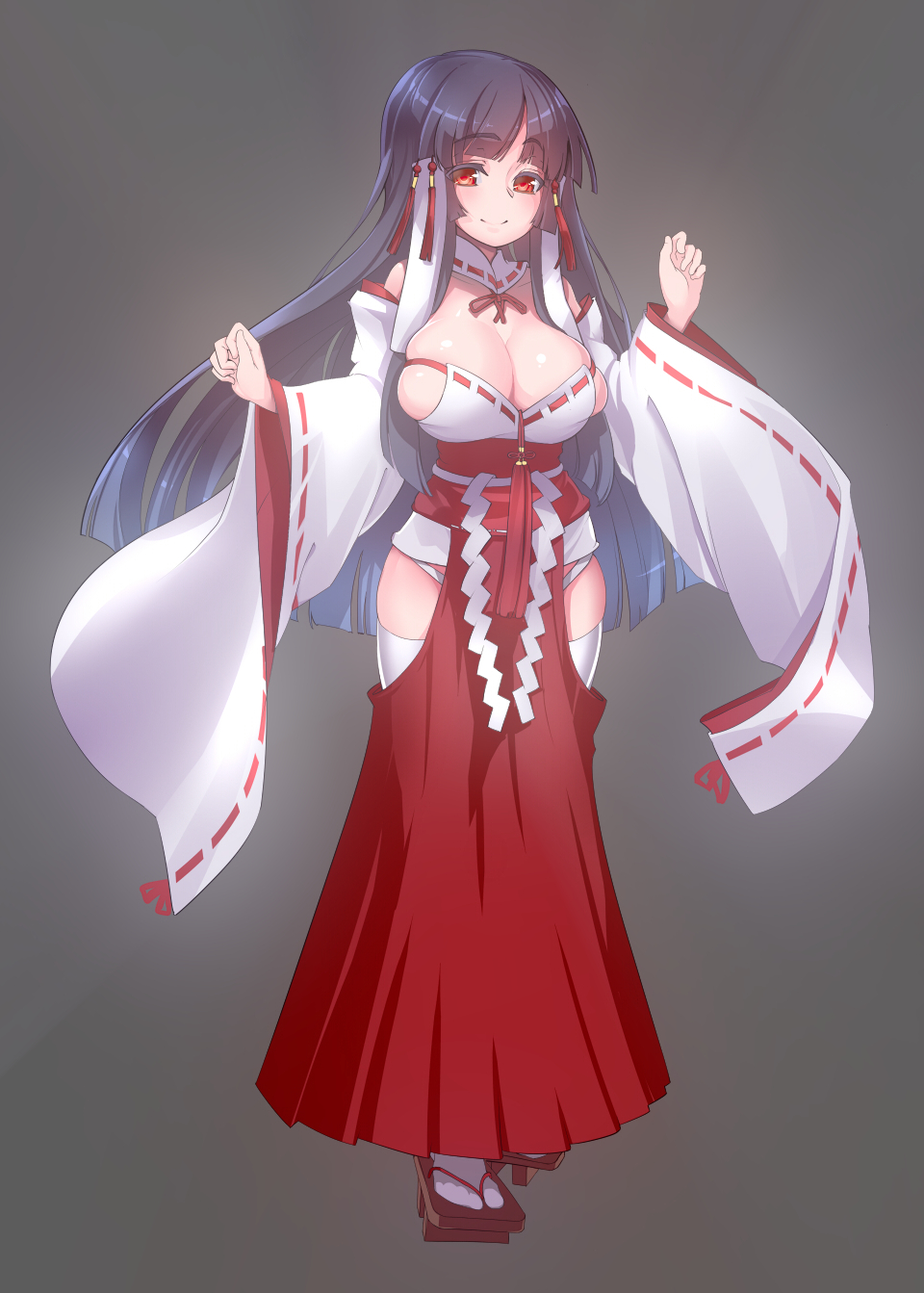 A literally radiant Shizuka Hirose clad in a stylized miko's kosode and hakama, baring her shoulders, much of her substantial breasts, and her hips.  Notably, she has white thigh high socks on underneath the hakama.